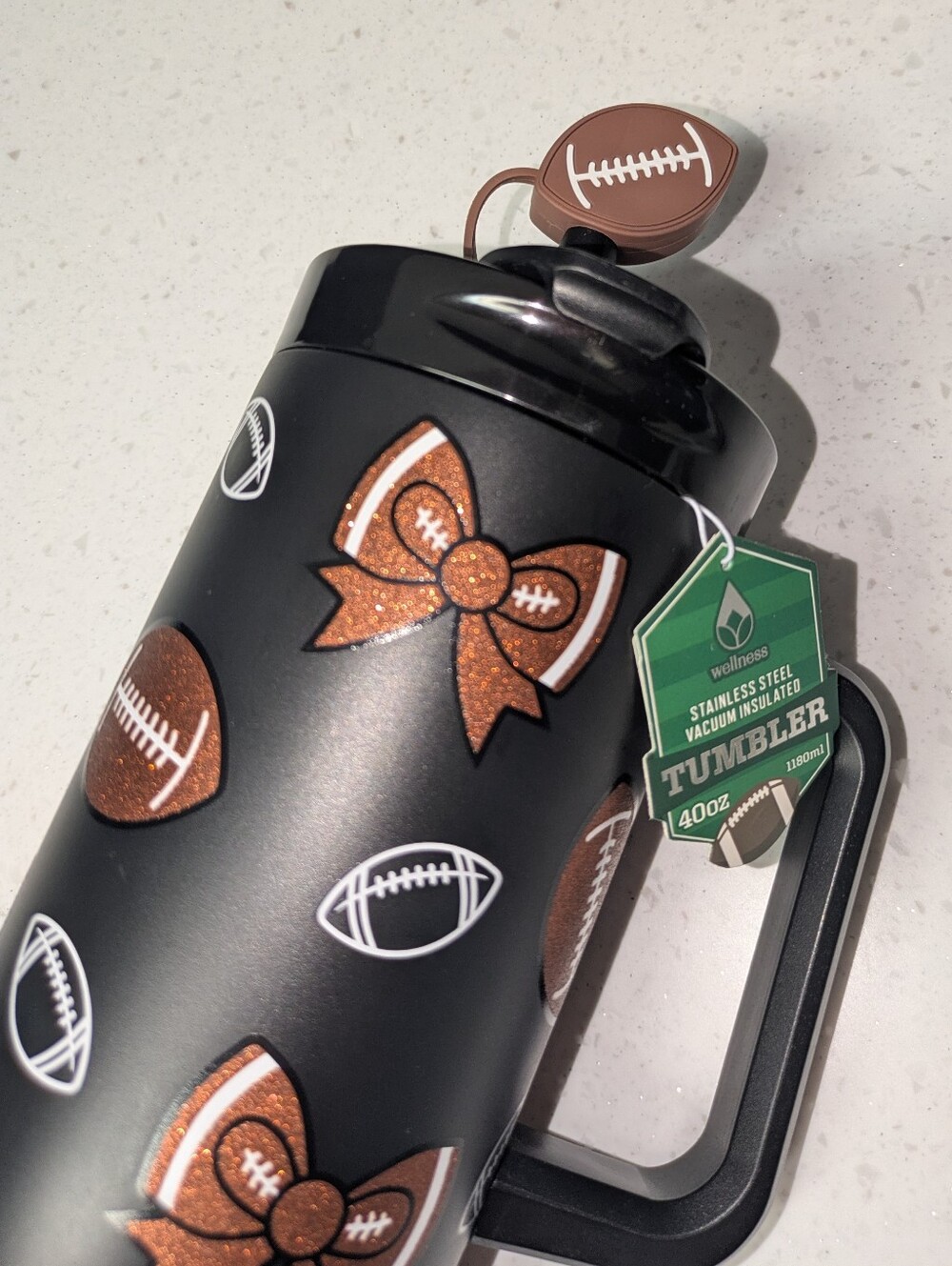 Glittery Football & Bows Print Travel Tumbler with Handle Removable Straw Topper - Picture 4 of 14